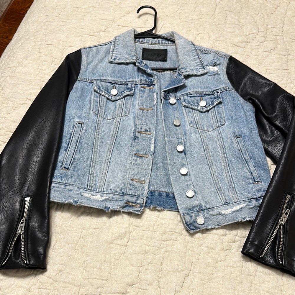Blank NYC Light Wash Denim Jacket with Black Faux Leather Sleeves